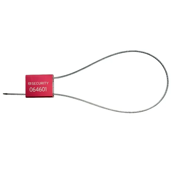 Kabelplombe in rot. 1,5 mm dünnes Stahlseil. 326 mm Gesamtlänge. Seillänge 300 mm. Individualisierbar. Viele Farben.