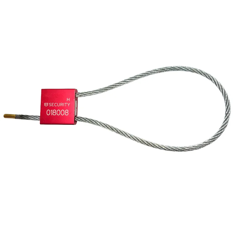 Kabelplombe in rot mit 3,5 mm Stahlseil. Zertifiziert als Hochsicherheitsplombe nach ISO 17712:2013. Personalisierbar.