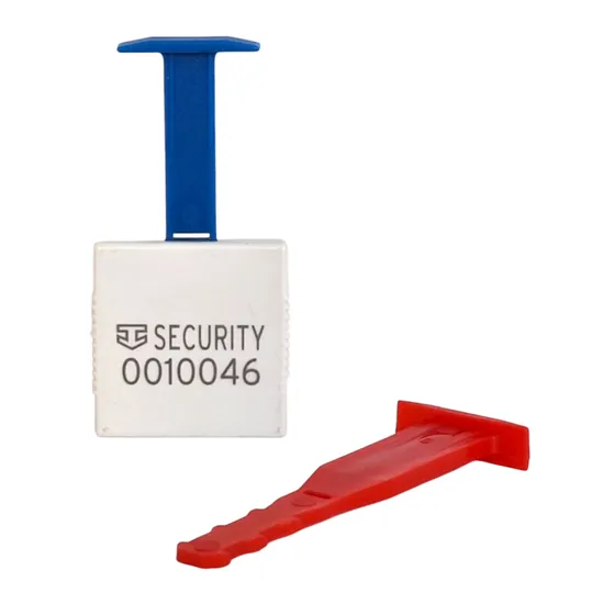 Fassplombe SCREEN in weiss zur Verplombung von Fässern und Hobbocks. Abgebildet mit zwei unterschiedlichen Stick-Größen in rot und blau.