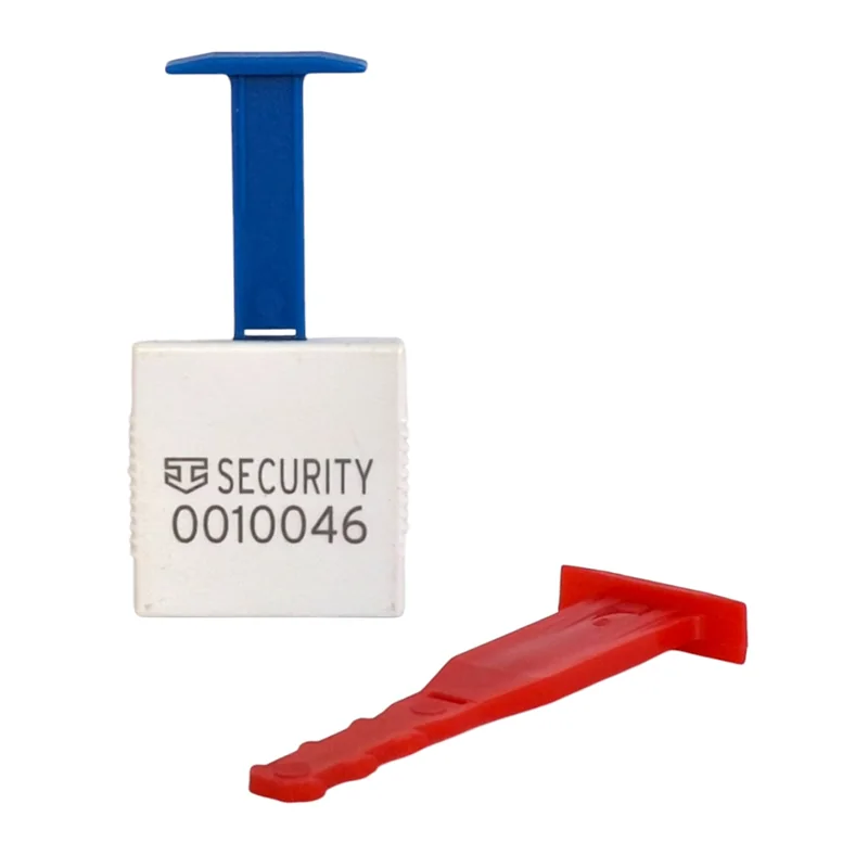 Fassplombe SCREEN in weiss zur Verplombung von Fässern und Hobbocks. Abgebildet mit zwei unterschiedlichen Stick-Größen in rot und blau.