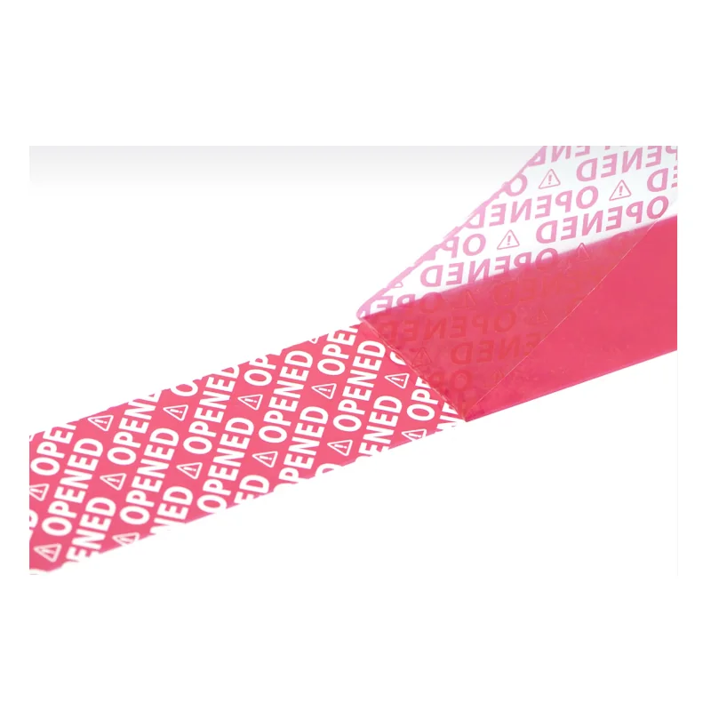 Rotes Sicherheitsklebeband ohne Druck mit sichtbarem VOID-Effekt nach Abziehen.