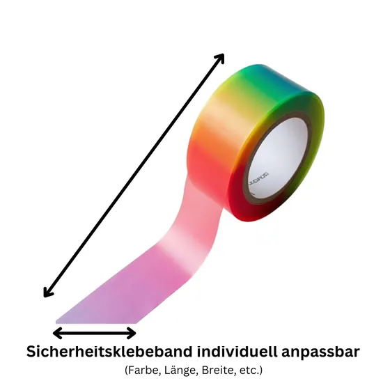 Individuell anpassbares Sicherheitsklebeband mit VOID-Effekt ohne Oberflächendruck, optisch in Regenbogenfarben dargestellt.
