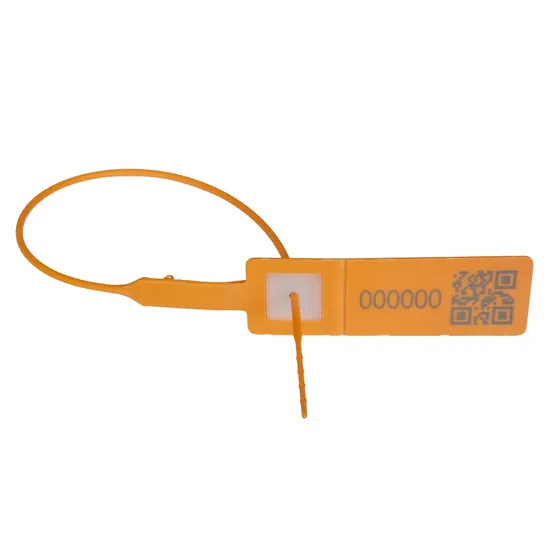 Lebensmittelechte Durchziehplombe aus Polypropylen mit QR-Code. 315mm lang. 2,1mm Banddurchmesser. Demonstration des verplombten Zustands.