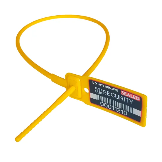Durchziehplombe UNI XL 400 aus Kunststoff in gelb mit Nummer, Barcode und Logo. Anwendungsbeispiel der Verplombung.